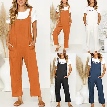 

Women Casual Loose Cotton Jumpsuit Dungarees Solid Color Playsuit Trousers Overalls FS99