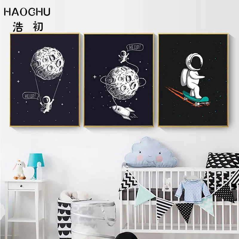 HAOCHU пространство сцена Moon украшения картина на черном холсте ракета Wall Art плакат