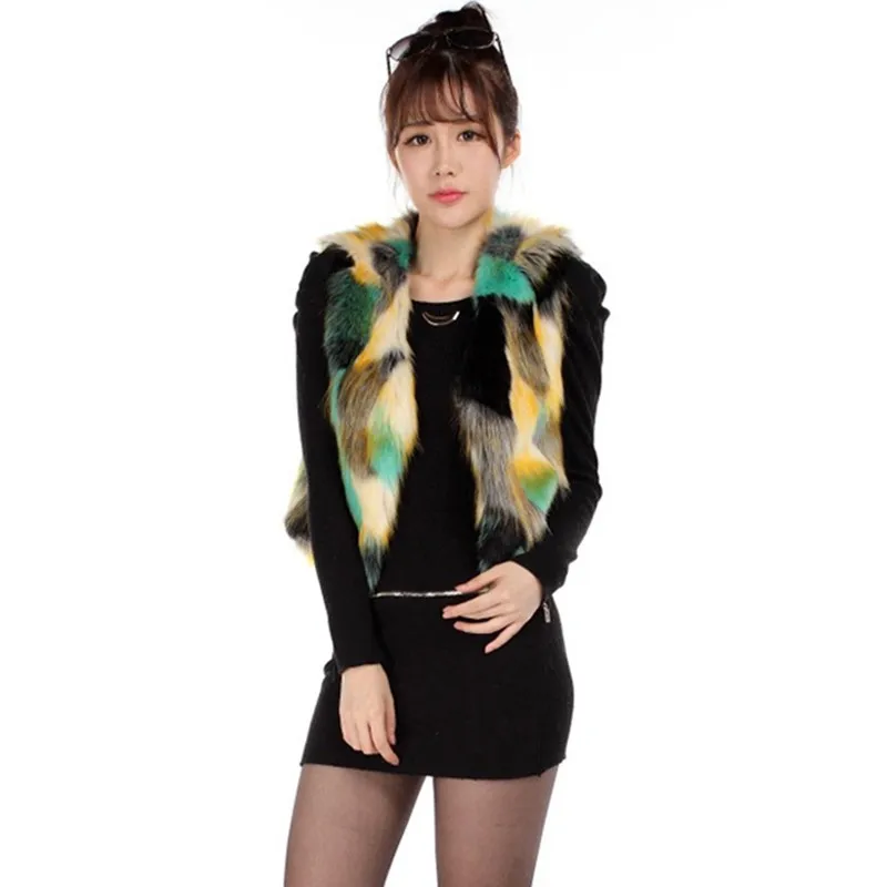 Плюс Размеры 6XL Для женщин жилет из искусственного меха в стиле пэчворк с постепенным Цвет осень без рукавов меховой жилет Женская куртка, пальто V022
