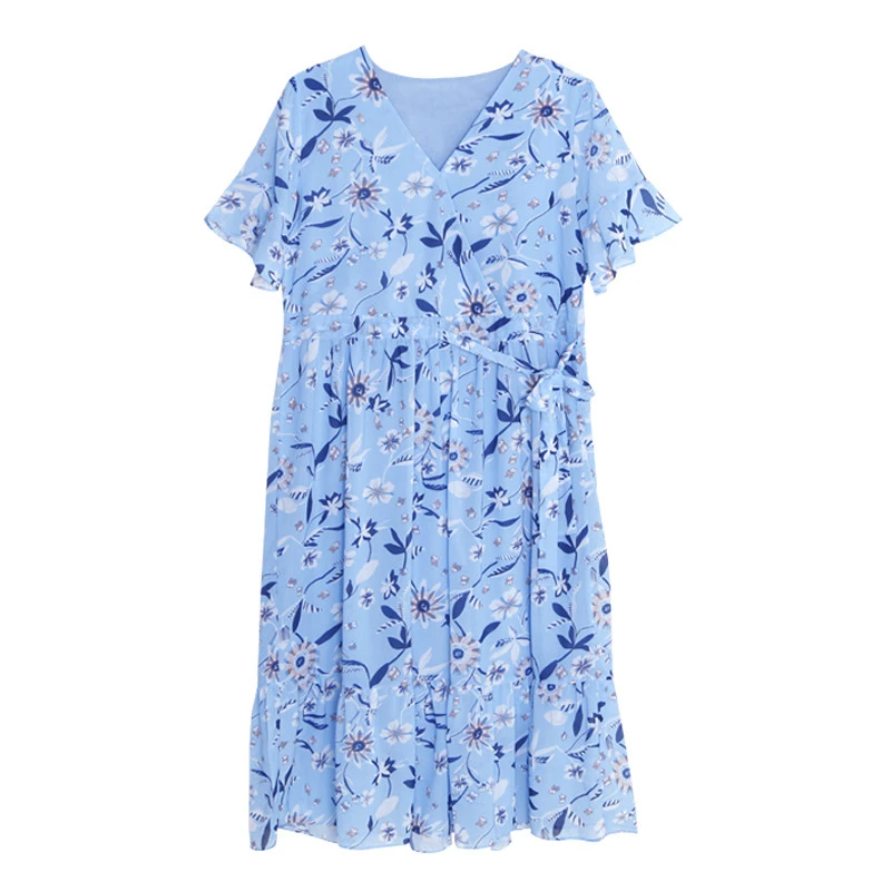 

Pregnant V-Neck Wrap Dress Women Sweet Floral Chiffon Mid Calf Dress Maternity Fashion Lace Up Short Sleeve Dresses AA60289