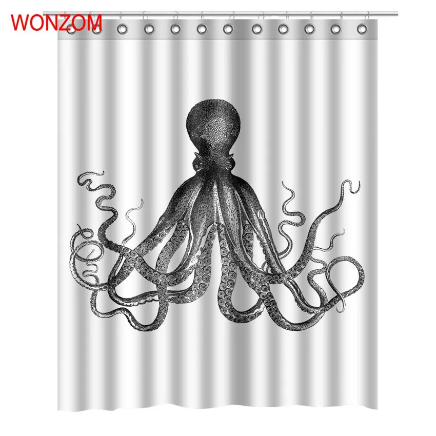 

WONZOM Polyester Fabric Octopus Curtains Bathroom With 12 Hooks Waterproof Accessories For Decor Modern Animal Bath Curtain