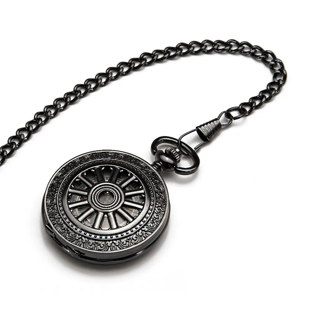 Скелет стимпанк Механический мужские карманные часы Римский номер Half Hunter старину черный оправа белый циферблат w/цепи хороший подарок