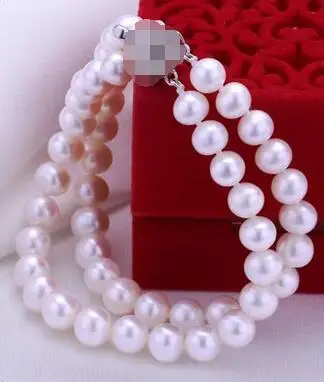 

FREE SHIPPING HOT sell new Style >>>> double strands 9-10mm south sea white round pearl bracelet 7.5-8" silver
