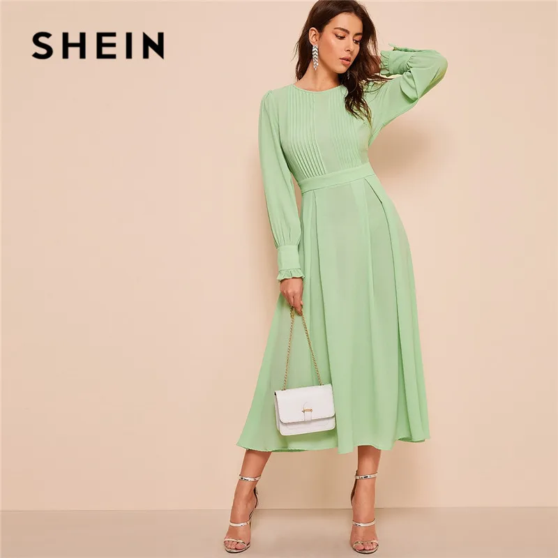 

SHEIN Frilled Cuff Pleated Panel Fit And Flare Maxi Dress Women Spring Elegant Solid High Waist A Line Long Dress Party Dress