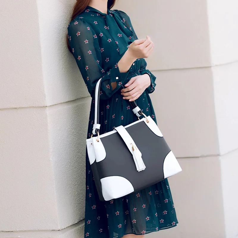 

Luxury Handbags Women Bags Designer 2019 Fashion Splice Contrast Color Famous Brand Noble Tassel Leather Vintage Tote Bag Ladies