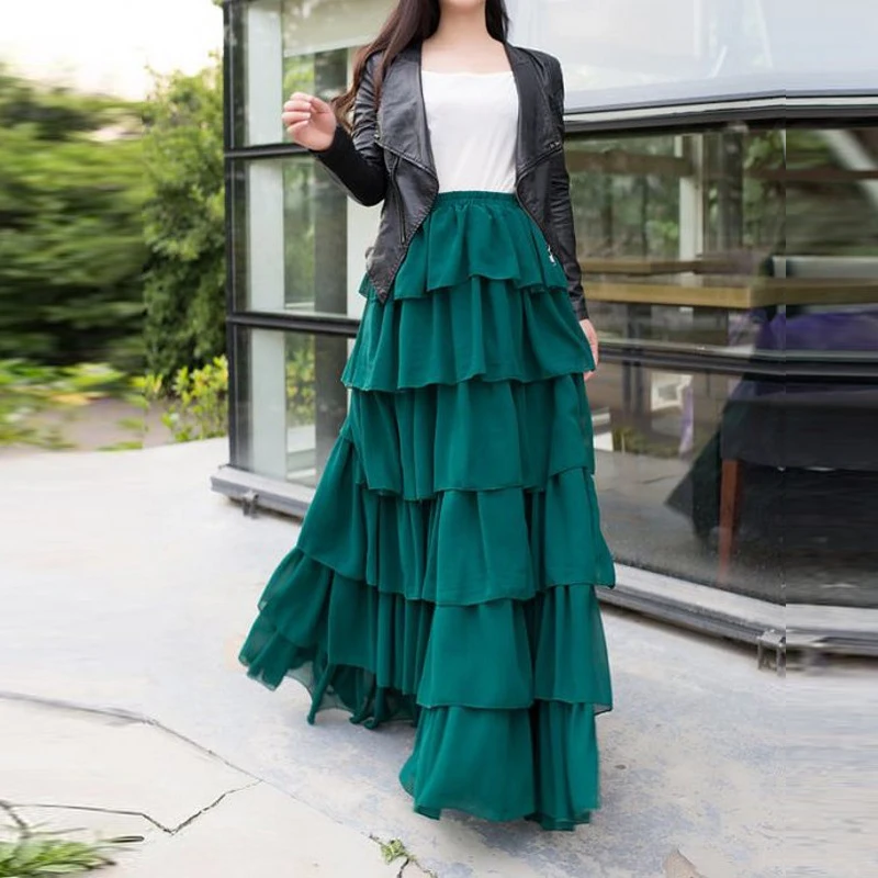 Длинная темно-зеленая юбка на заказ, эластичная линия талии, длина в пол, длинная юбка макси, многослойные юбки с оборками для женщин