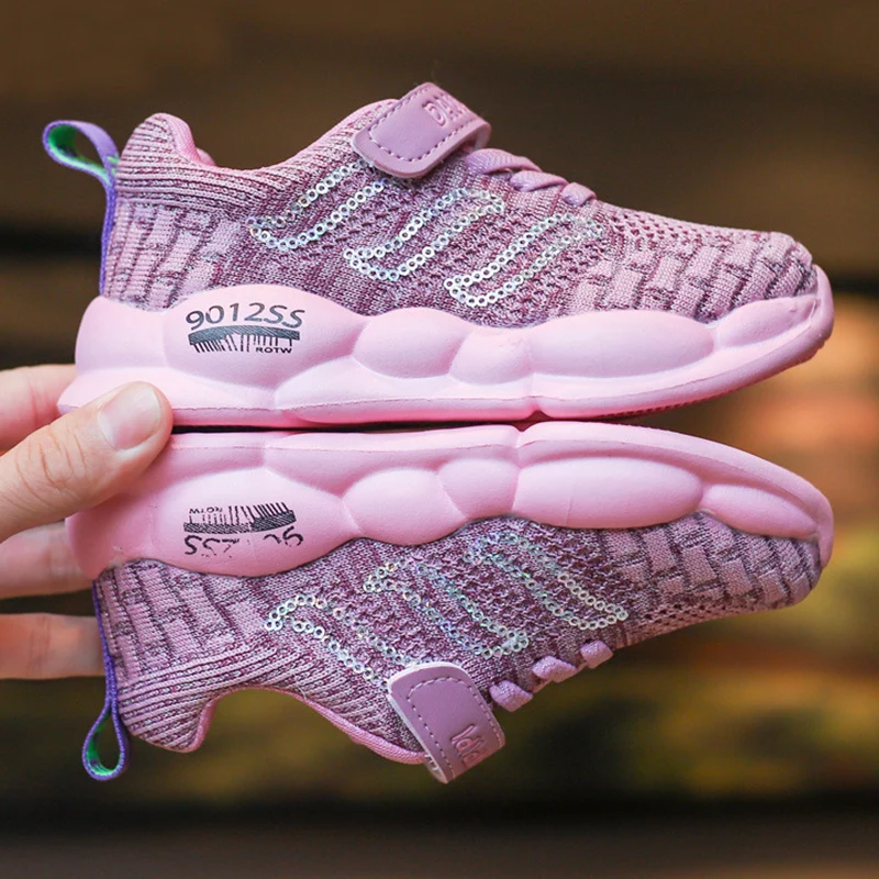 

ULKNN Children's shoes 2019 autumn new non-slip breathable sports shoes girls letter sequins flying woven mesh shoes tide