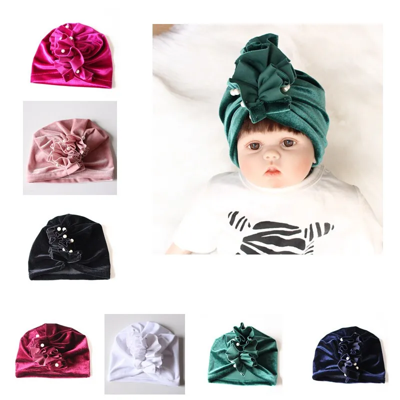 New Velvet Pearl Baby Hat for Girls Autumn Winter Cap Photography Props Elastic Infant Beanie Turban Accessories | Детская одежда и