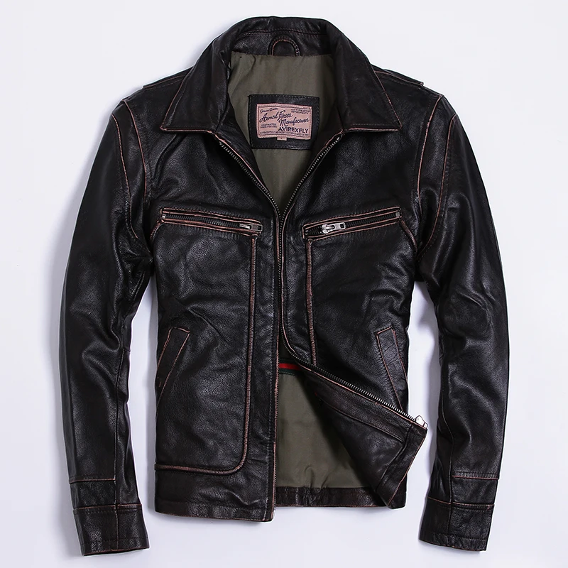 

AVIREX FLY Genuine Leather Jacket Men Brown Leisure Cowhide Jacket Lapel Slim Fit Coat Winter Leisure Clothing Male