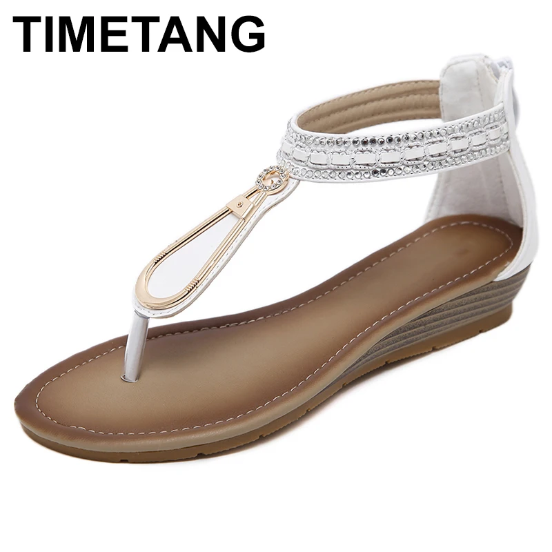 

TIMETANG Summer Flip Flops Women Bohemia Ethnic Sandals Thong Wedge Shoes Summer Beach Low Heel Ankle Wrap Comfort Shoes E391