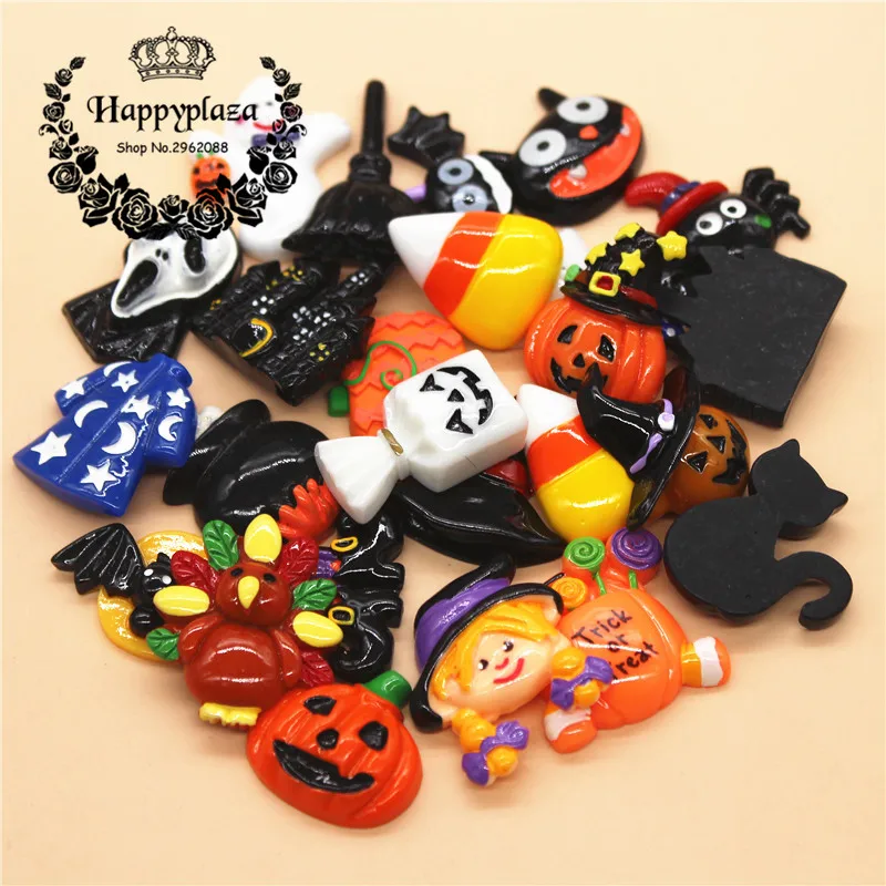 

10pcs Resin Halloween Haunted House Pumpkin Witch Broom Flatback Cabochon Miniature Art Supply Decoration Charm Craft