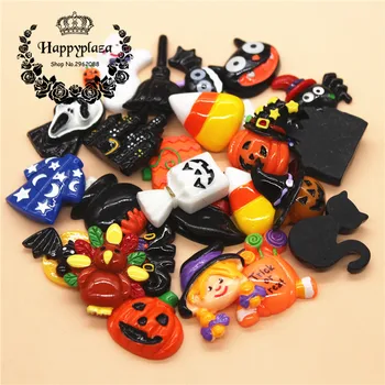 

10pcs Resin Halloween Haunted House Pumpkin Witch Broom Flatback Cabochon Miniature Art Supply Decoration Charm Craft