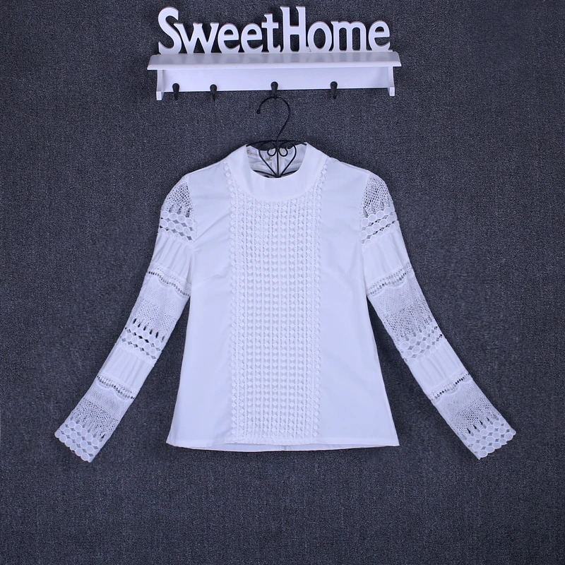 womens blouses New Fashion Women Office Crochet Lace Blouse Shirt Long-sleeved White Casual Blouses & Shirts plus size tops S-5XL off the shoulder shirts & tops