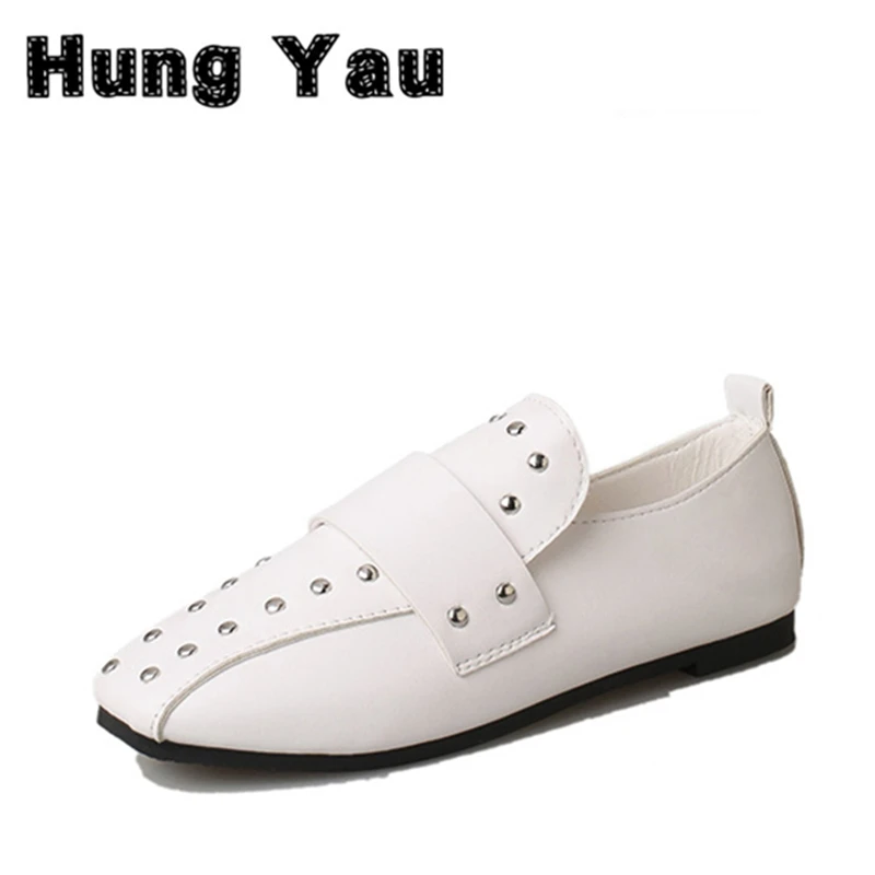

Hung Yau Women Casual Shoes Rivet Good Leather Loafers Shoes Women Spring Autumn Fashion Slip On Shallow Flats Punk Shoes Size 8
