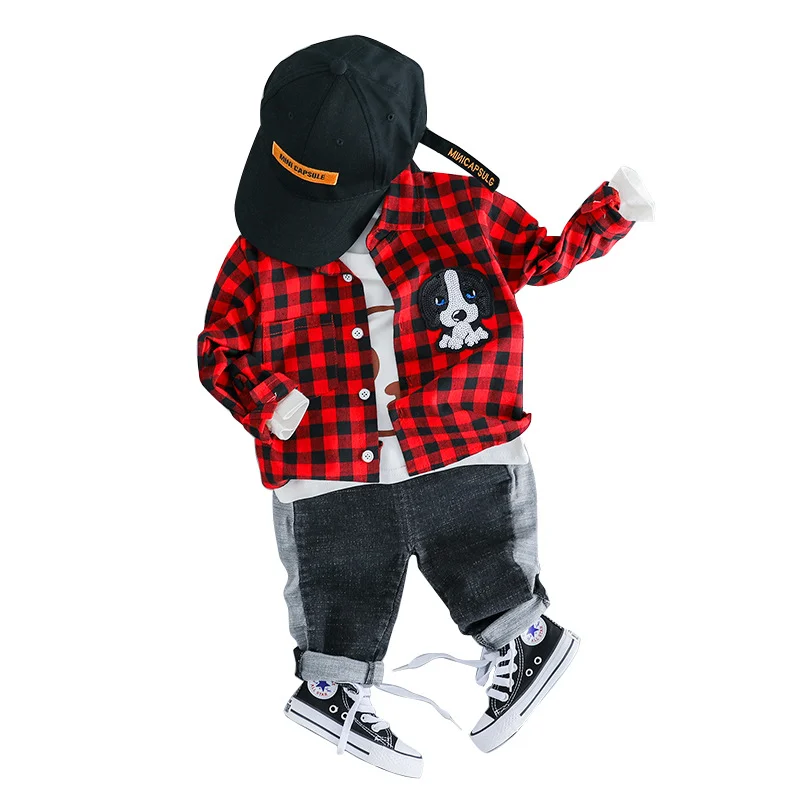

Baby boy cartoon long sleeve plaid shirt imitation jeans two-piece baby girl spring suit baby boy clothes