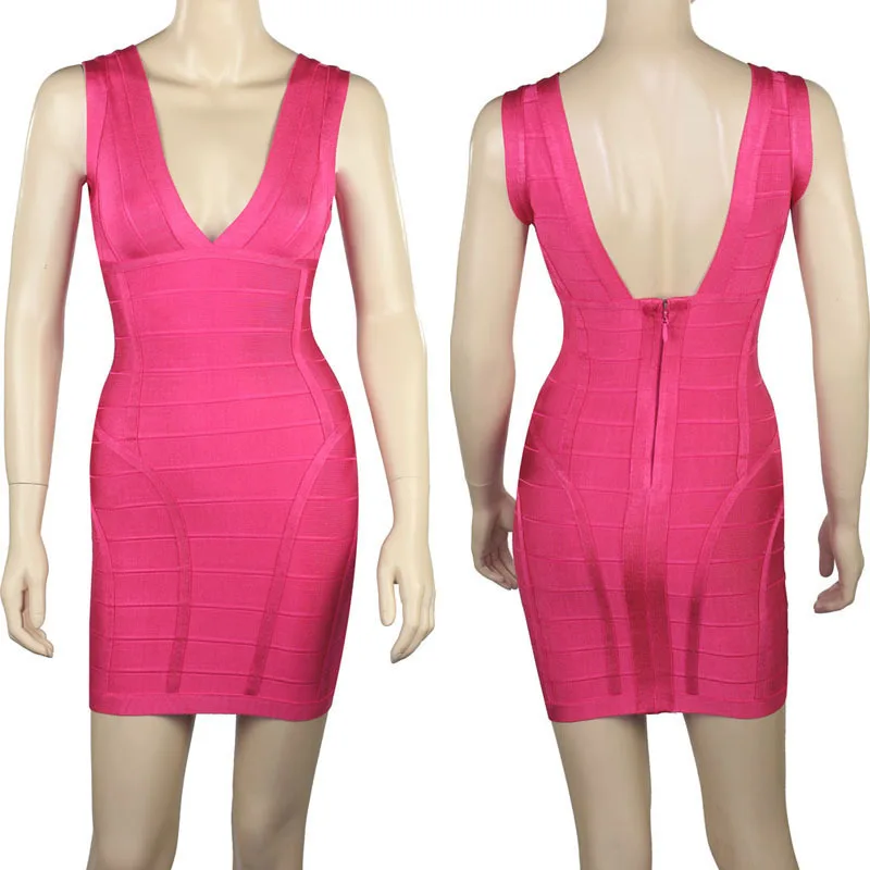 Free Shipping 2016 New Jenna Fuchsia Sexy Deep V Neck Womens Sleeveless Club Bandage Midi Dresses Wholesale&Dropshipping&OEM&ODM