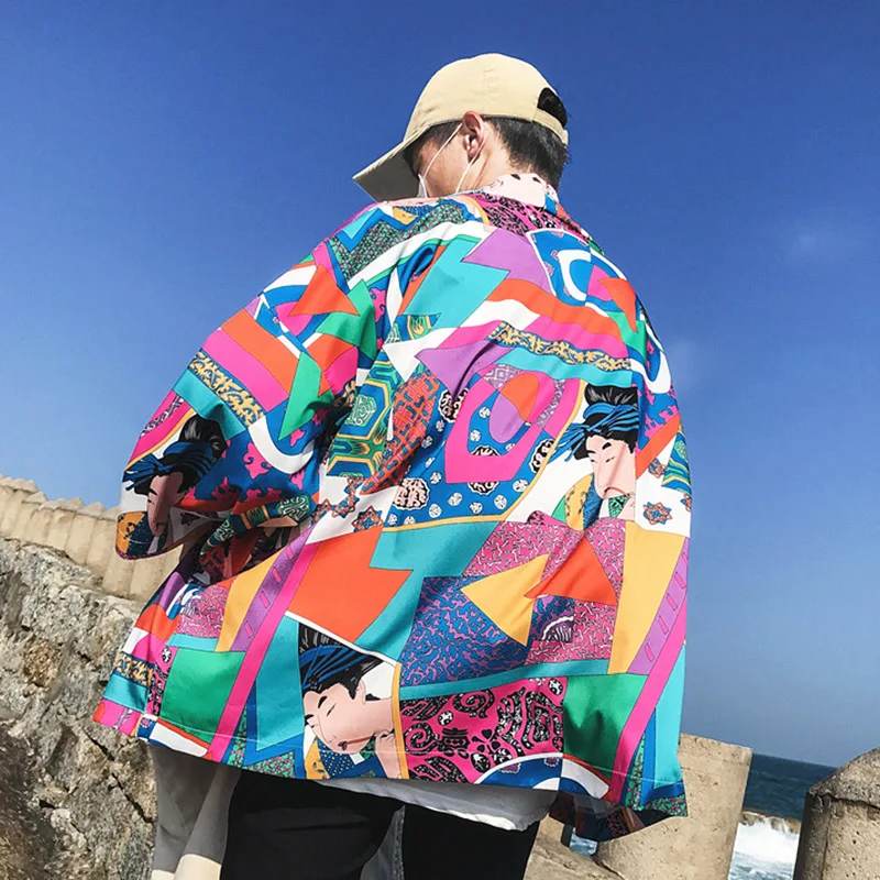 Japanese Ukiyoe Kimono Jackets 2019 Mens Harajuku Streetwear Jacket Coat Spring Summer Hip Hop Thin Gown Japan Style Hipster
