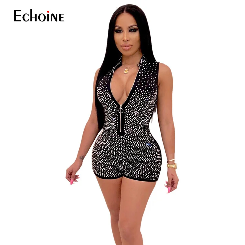 2019 New Women's Sexy Elegant Deep V Zipper Sleeveless jumpsuits Casual Club Garment streetwear bodysuit sequin romper 2019 New Women's Sexy Elegant Deep V Zipper Sleeveless jumpsuits Casual Club Garment streetwear bodysuit sequin romper