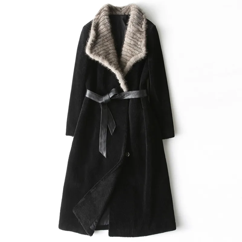 Sheep Shearing Coat Women Real Fur Clothes Mink Fur Collar Winter Long Coat Lapel Slim Lamb Fur Coat Vintage Coat Women ZT222