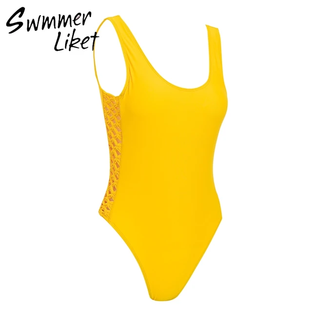 Yellow swimsuit female one piece Vintage weave bikini High cut swimwear