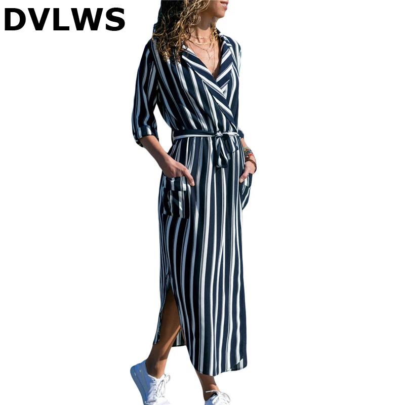 

Hot Fashion Strip Print Women's SummerDress Casual V-neck Long Sleeve Women Summer Elegant Dress 3 Colors Blue Floral Leopard