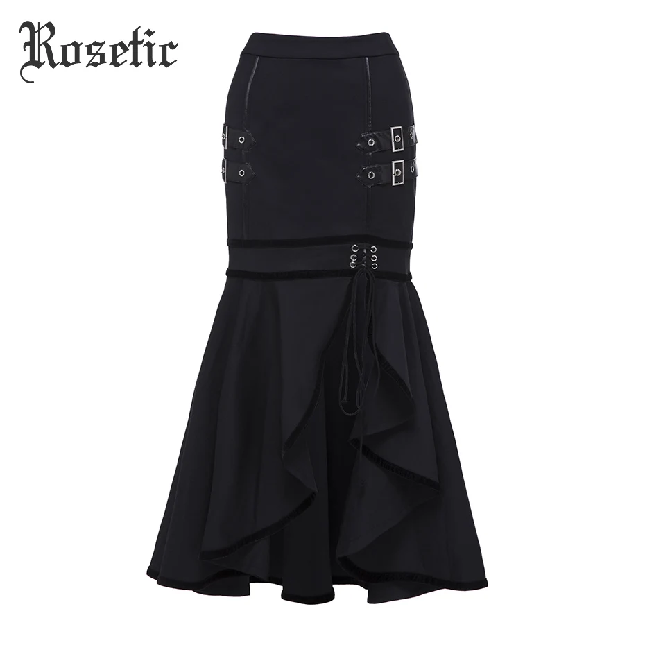 Rosetic Готический юбка-годе женский черный Труба шнуровка Ретро стиль Рок Асимметричная Нижняя Мода Готическая Женская юбка осень