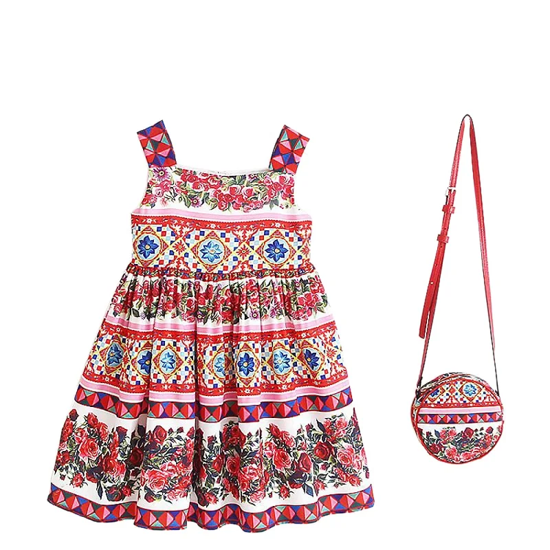 Детское летнее платье принцессы с сумкой и цветочным принтом|toddler dress|brand girl dressgirls