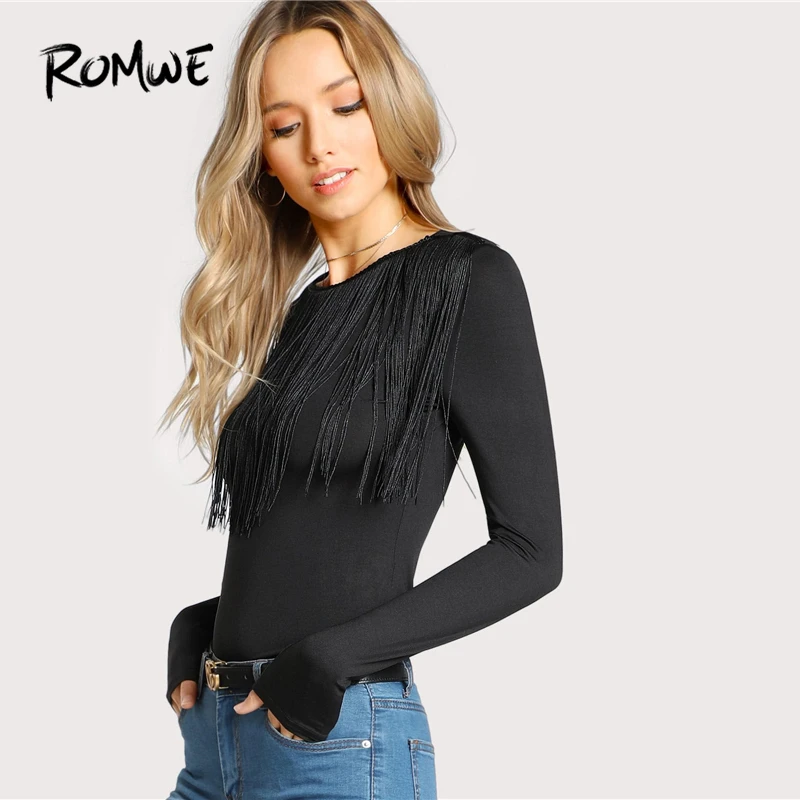 

ROMWE Fringe Detail Solid T-Shirt Casual 2019 Long Sleeve Round Neck Tops Black Fashion Spring Women Cool Autumn Button Tee