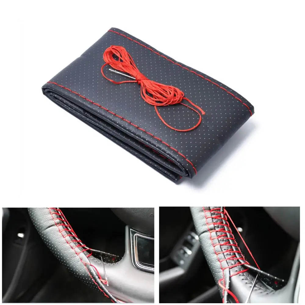 

38cm Soft DIY Car Steering Wheel Cover Microfiber Leather Black Steering Cover With Needle and Thread Interior Accessories