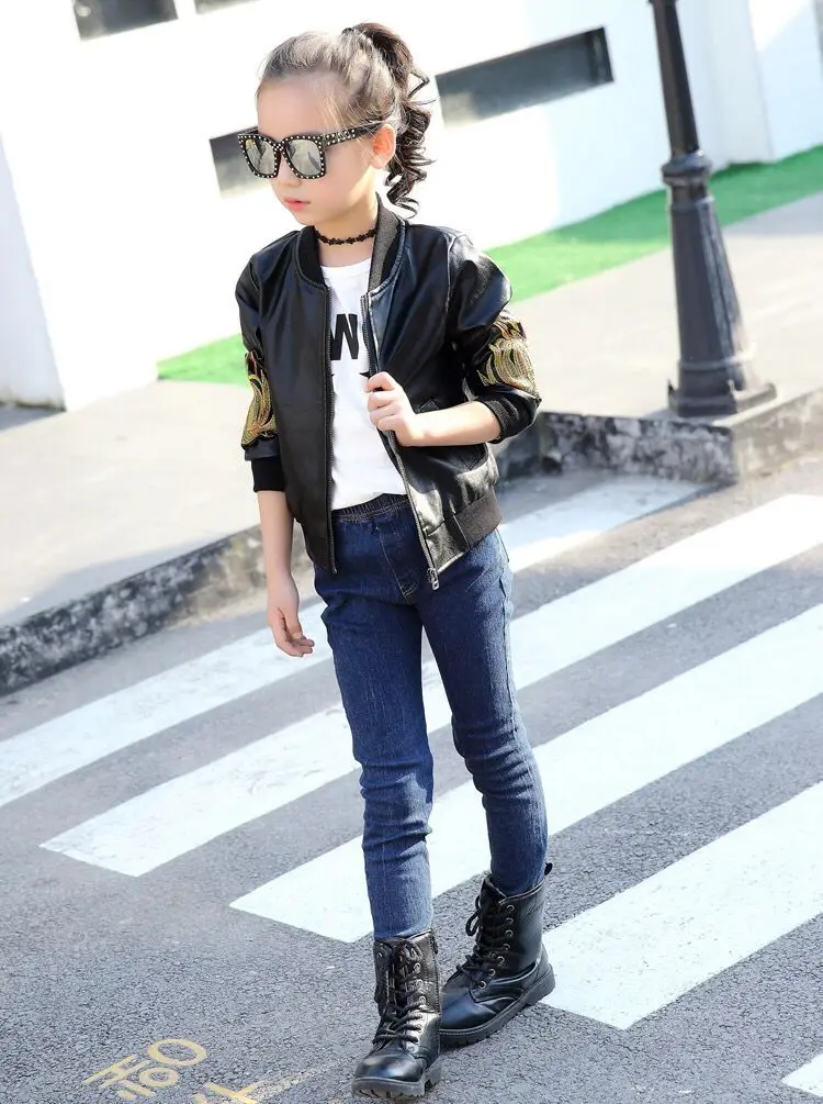 Girls' Jackets Stitched Flower PU Leather Jacket Girls Jackets Size 12 Motorcycle Leather Girls Coat 5
