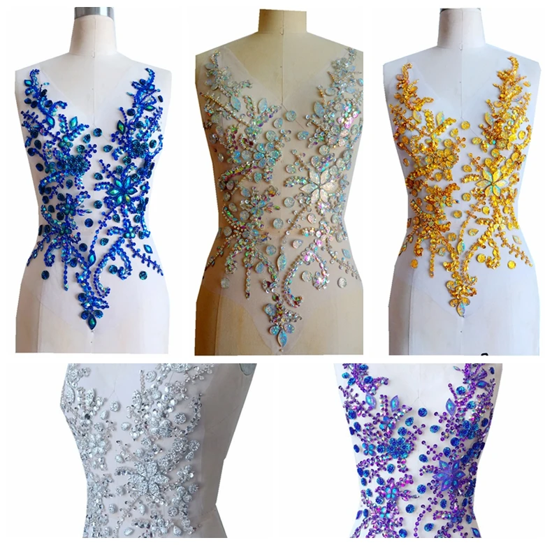 

hand made 5 colour Rhinestones applique on mesh sew on crystal patches trim 50*30cm for dress back