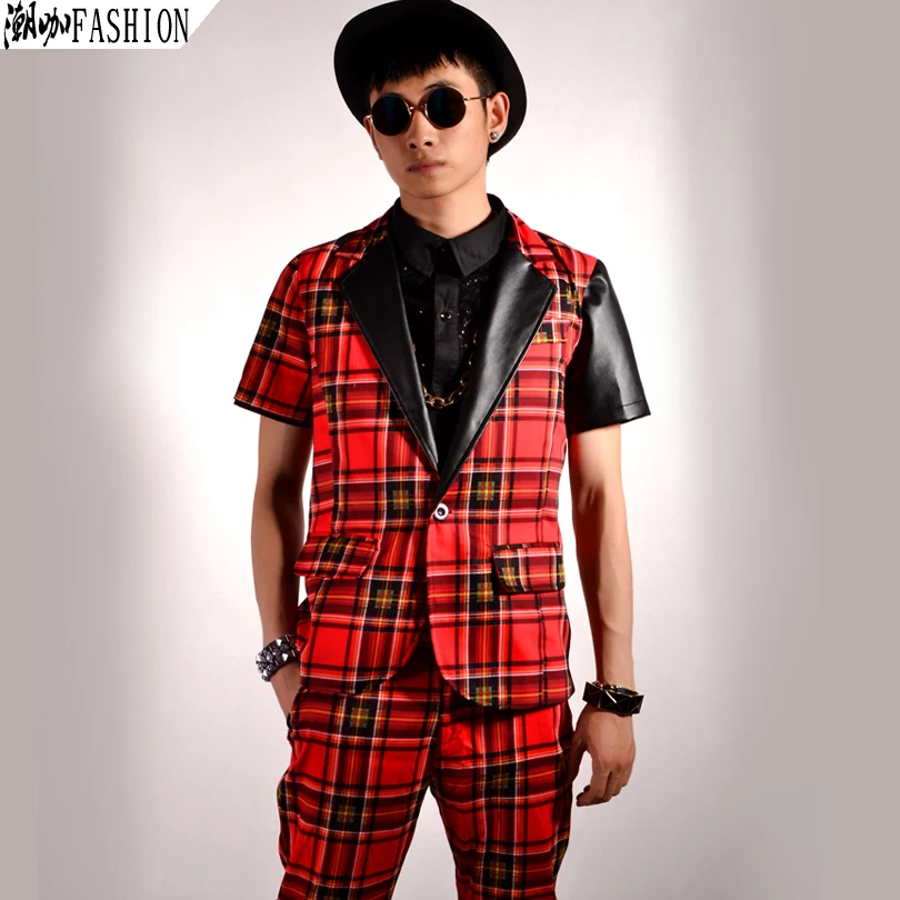 S-4XL! новая корейская мода; Слим шотландский Красный Клетчатый Кожаный Жилет с короткими рукавами DS для выступления певца костюмы