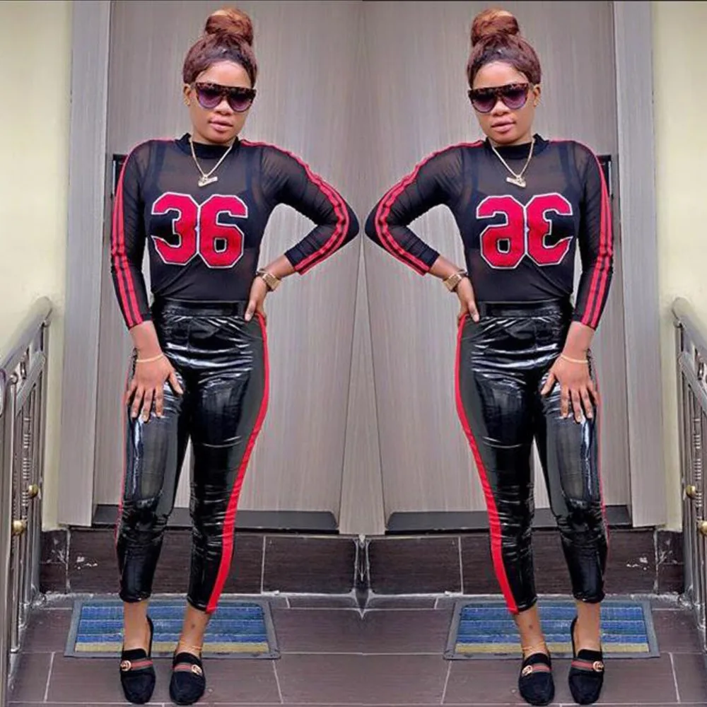 2018 Club Wear PU 2 Two Piece Sets Moto Biker Long Sleeve Letter Print 