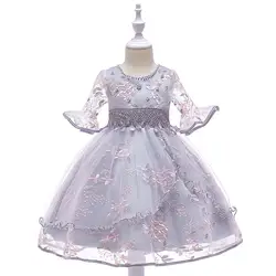 От 4 до 13 лет 2019 платья для девочек с рукавами-колокольчиками вышивка листья бисерное Сетчатое серое розовое платье принцессы летнее платье