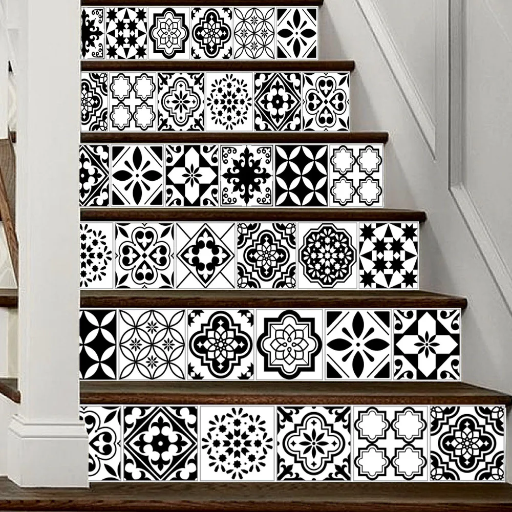 

6pcs/set 18cm x 100cm Black and White Style Arabia Tile Stairs Decoration 3D Sticker Art Poster Home Wallpaper LT022