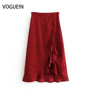 

VOGUEIN New Womens Fashion Little Hearts Print Flounced Asymmetrical Midi Skirt Red Wholesale