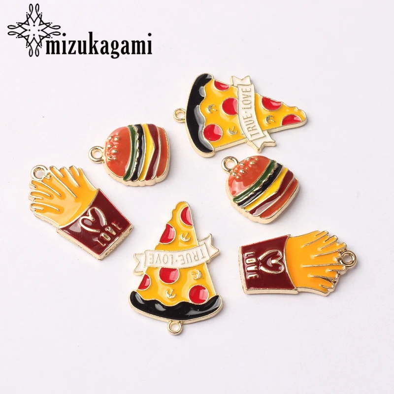 

Zinc Alloy Enamel Charms Burger fries Pizza Drop Oil Charms 10pcs/lot For DIY Fashion Jewelry Making Finding Accessories
