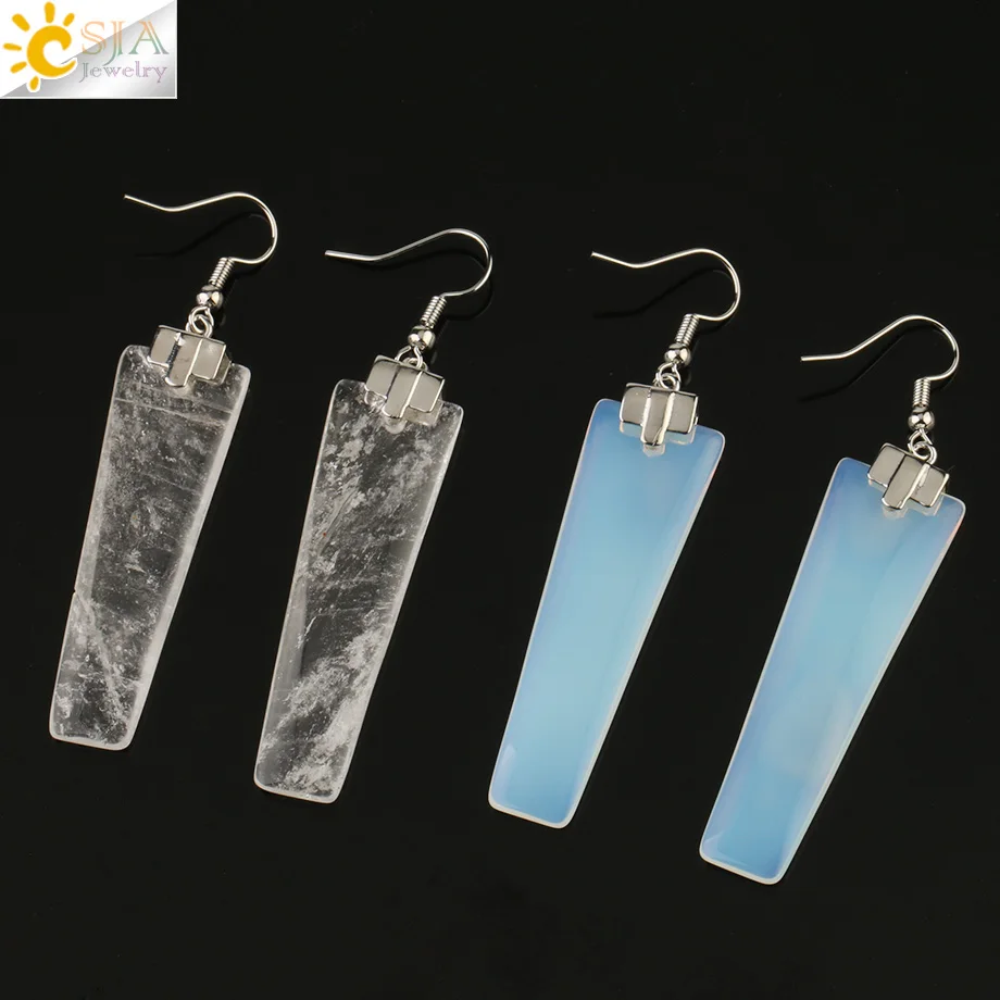 CSJA Natural Crystal Quartz Drop Earring Trapezoid Geometric Long Stone Dangle Earrings Healing Charm Ear Jewelry for Women G150