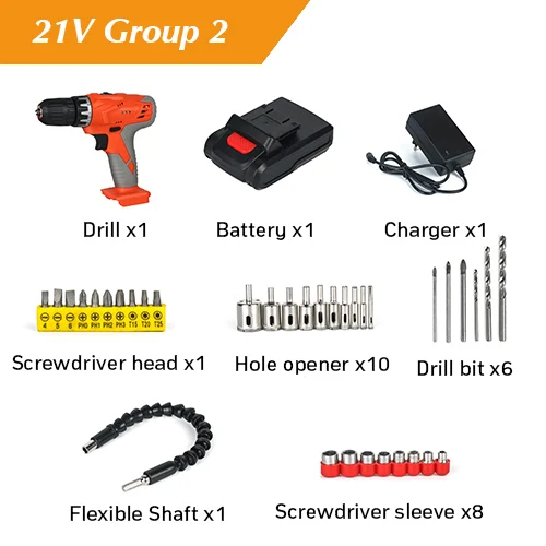 Электродрель отвертка, алюминиевая крышка, 25В 21v Мощность инструменты литиевая Батарея Аккумуляторная дрель Перезаряжаемые бытовой крутящий момент 2-Скорость - Цвет: 21V with 35pcs