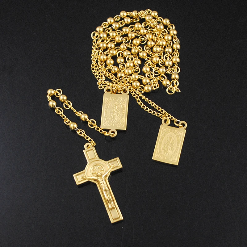 AMUMIU 4 мм* 66 см серебряный цвет для мужчин четки бусины цепочки и ожерелья нержавеющая сталь католическая Религия Иисуса, женщин крест ювелирные изделия HN079