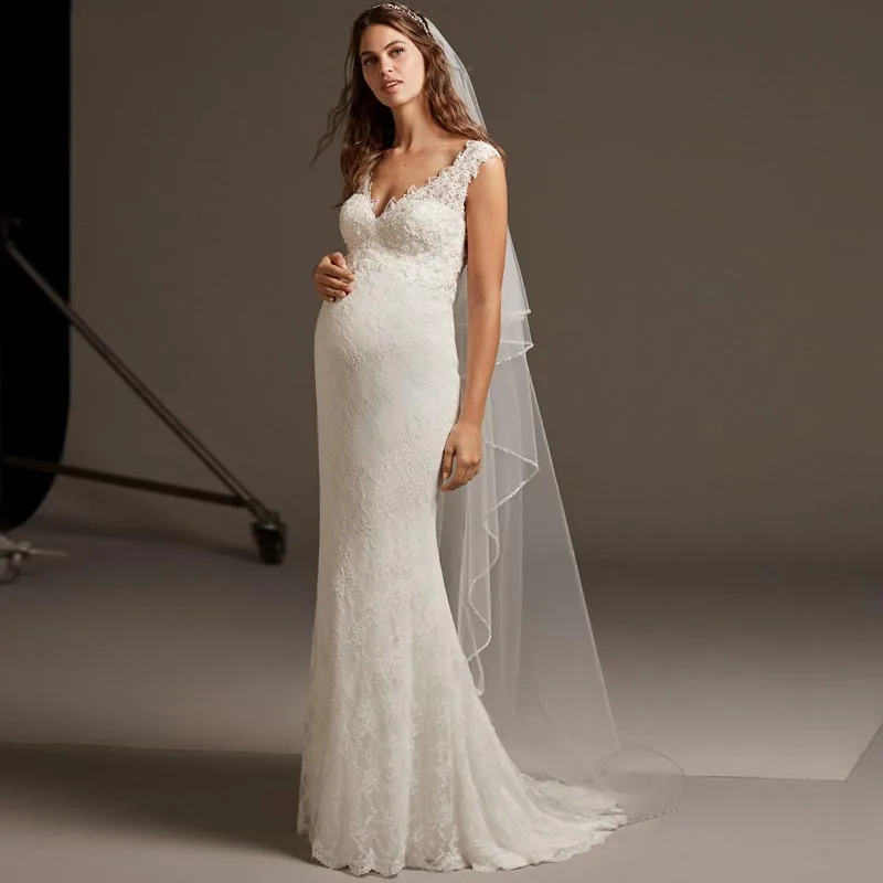 2019 Mermaid Pregnant Wedding Dresses Sleeveless Bridal Gown V