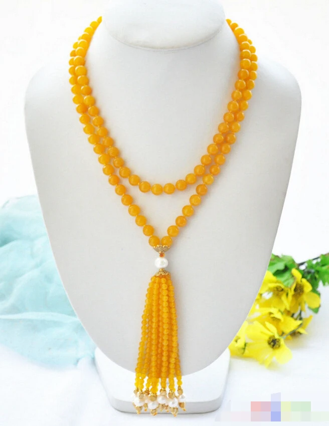 

Free shipping 06438 yellow stone bead white round pearl necklace