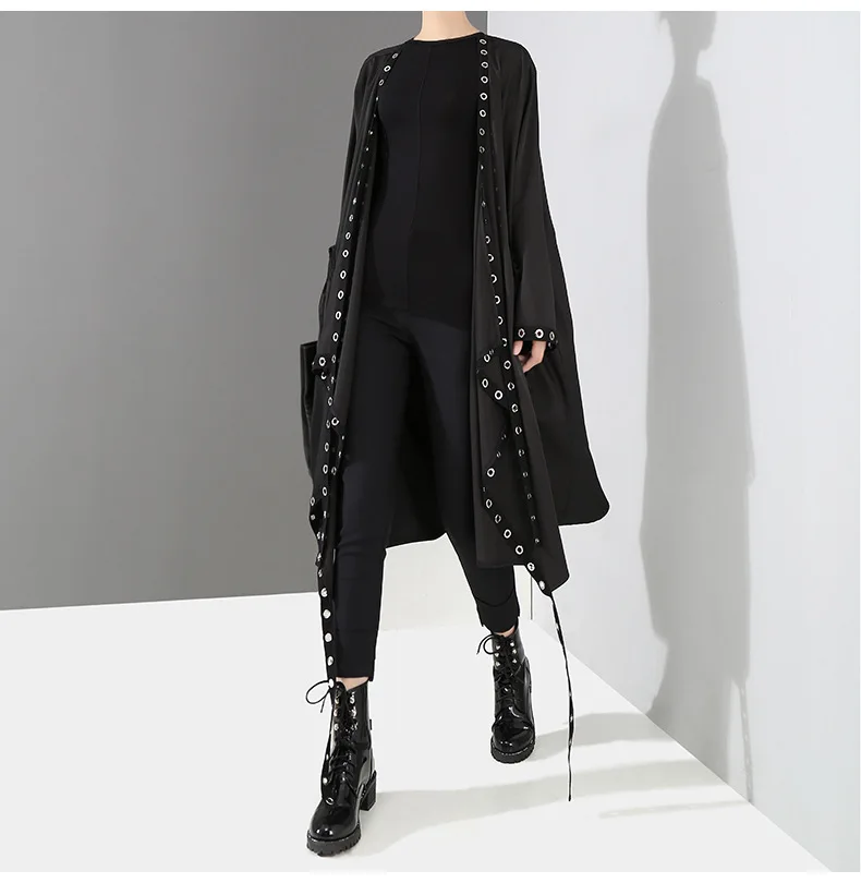

2019 Real New Trench Coat Casaco Feminino Women Free Shipping Large Size Punk Wind Hollow Metal Ring Hip Hop Long Windbreaker