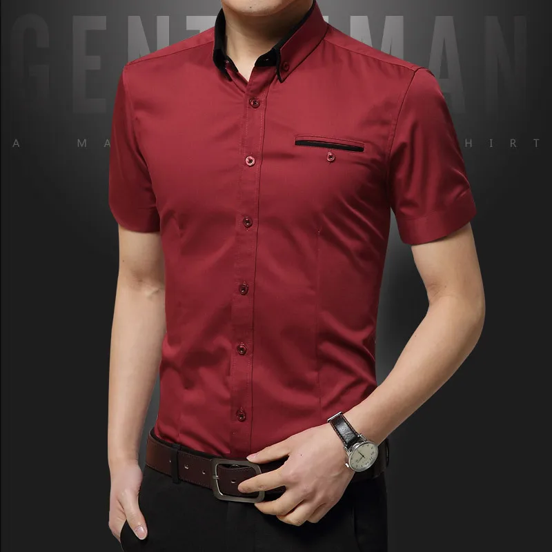 Весна-лето, повседневная мужская рубашка, высокое качество, мужские рубашки, солидные, облегающие, с коротким рукавом, мужская рубашка, Азиатский Размер 4XL 5XL - Цвет: Красный