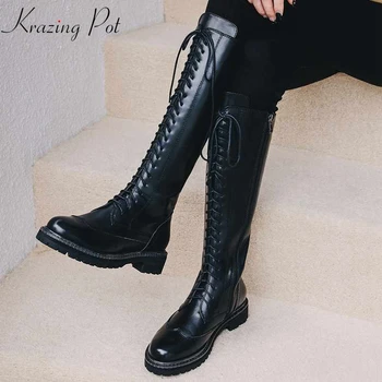 

krazing pot Winter round toe cow leather superstar med heel lace up Korean style handsome streetwear riding thigh high boots