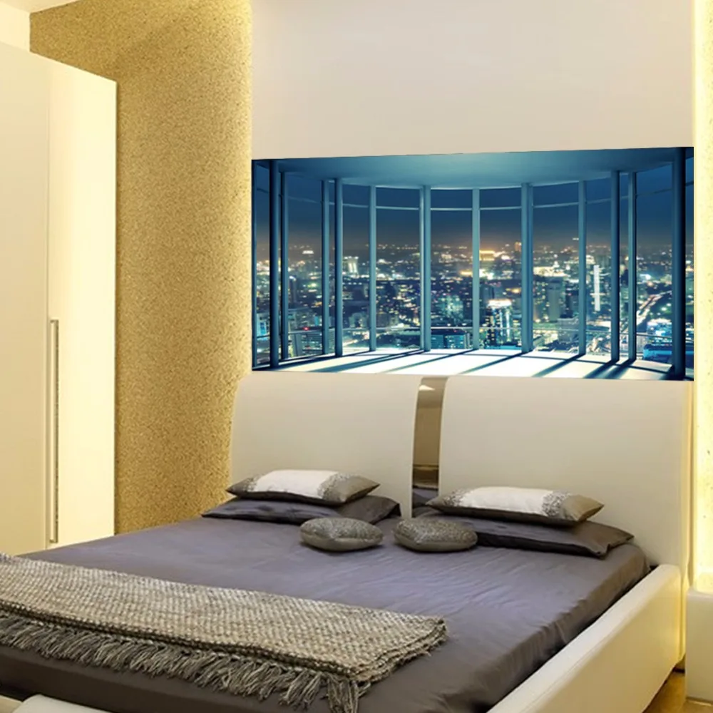 2 قطعة/المجموعة 3D النافذة مدينة ليلة عرض السرير جدار ملصقا ل غرفة نوم الديكور 90*180 سنتيمتر كبيرة المشارك خلفيات DIY الفن جدارية