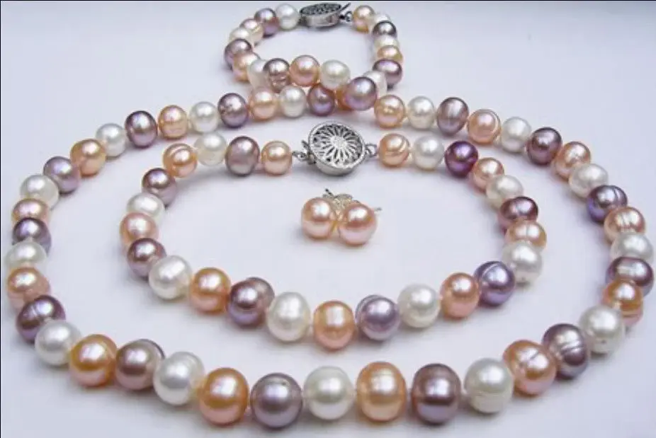

Hot sell Noble- Fast shipping +natural 8-9mm mixed-colour pearl Necklaces Bracelets Earrings sets (A0516)