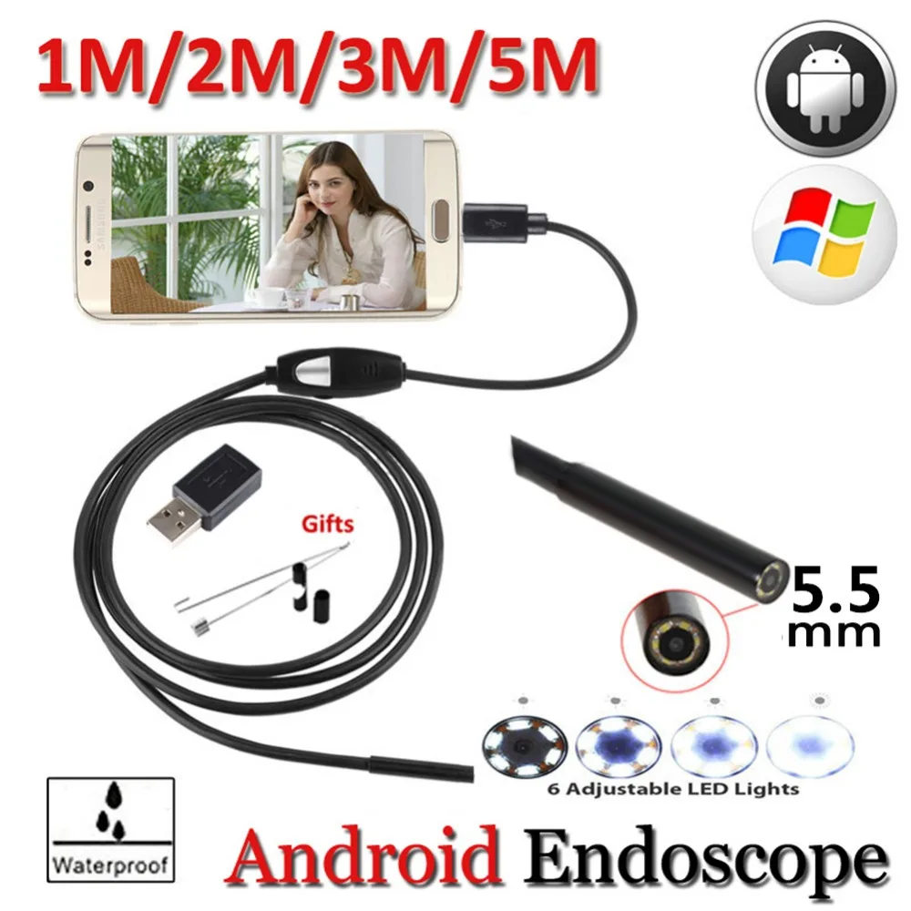 Black 6LED 1M 5.5mm Lens USB Endoscope Camera HD Waterproof pipe