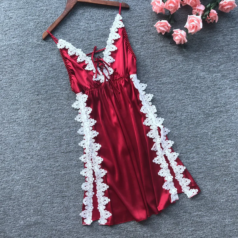 

High Split Sexy Women Suspender Skirt Sleepwear Negligee V-Neck Nightie Spaghetti Strap Nightdress Summer Intimate Lingerie