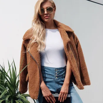 

Chic Camel Coat Velvet Parka Turn Down Collar Cashmere Jacket Fluffy Bomber Faux Fur Zipper Cardigan Outwear Woman Autumn Tops